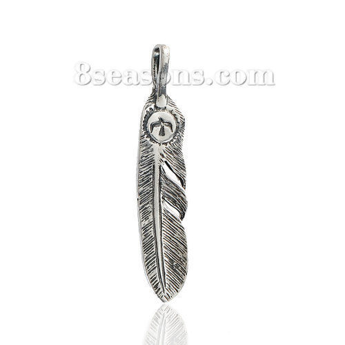 Image de Pendentif en Laiton Plume Aigles Argent Vieilli 41mm x 8mm, 2 Pcs
