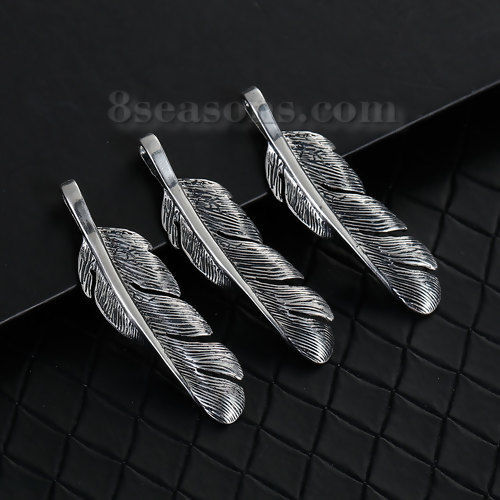Picture of Brass Pendants Feather Antique Silver Color 56mm(2 2/8") x 16mm( 5/8"), 1 Piece                                                                                                                                                                               