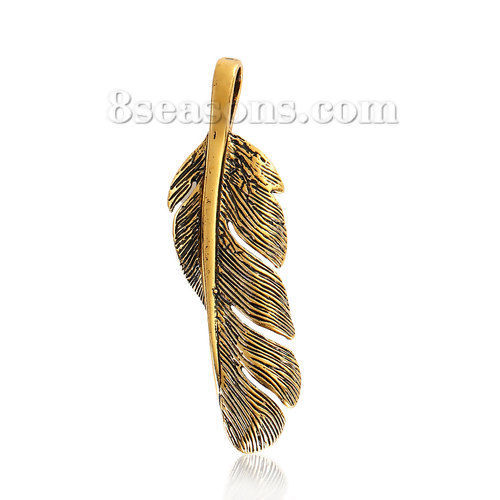 Picture of Brass Pendants Feather Gold Tone Antique Gold 56mm(2 2/8") x 16mm( 5/8"), 1 Piece                                                                                                                                                                             