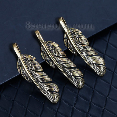 Picture of Brass Pendants Feather Gold Tone Antique Gold 56mm(2 2/8") x 16mm( 5/8"), 1 Piece                                                                                                                                                                             