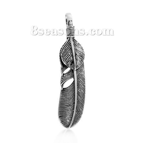 Picture of Brass Pendants Feather Antique Silver Color 64mm(2 4/8") x 14mm( 4/8"), 1 Piece                                                                                                                                                                               