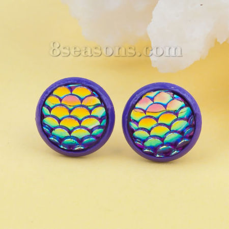 Picture of Brass & Resin Mermaid Fish/ Dragon Scale Ear Post Stud Earrings Purple AB Color Round 15mm( 5/8") x 12mm( 4/8"), Post/ Wire Size: (21 gauge), 1 Pair