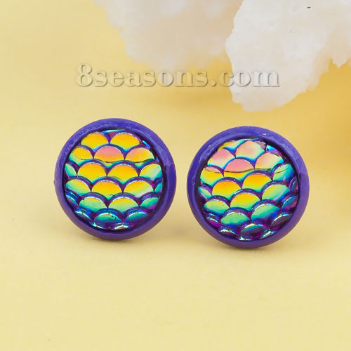 Picture of Copper & Resin Mermaid Fish/ Dragon Scale Ear Post Stud Earrings Purple AB Color Round 15mm( 5/8") x 12mm( 4/8"), Post/ Wire Size: (21 gauge), 1 Pair