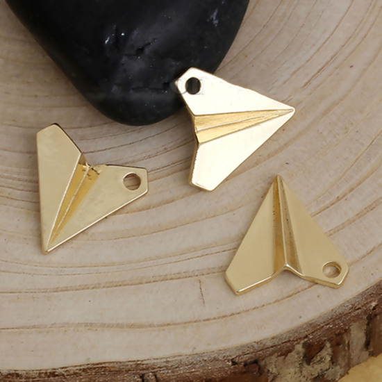 Picture of Zinc Based Alloy 3D Origami Charms Travel Airplane Gold Plated 17mm( 5/8") x 17mm( 5/8"), 5 PCs