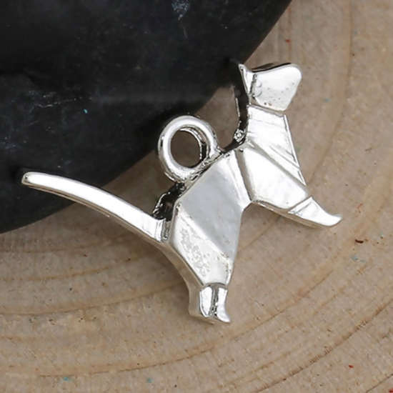Picture of Zinc Based Alloy Origami Charms Dog Animal Silver Plated 15mm( 5/8") x 13mm( 4/8"), 10 PCs