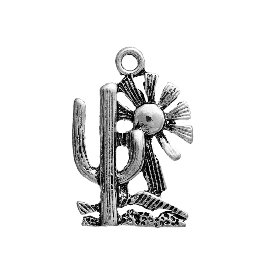 Bild von Zinklegierung Charms Sonne Kaktus Antiksilber 24mm x 16mm 5 Stücke