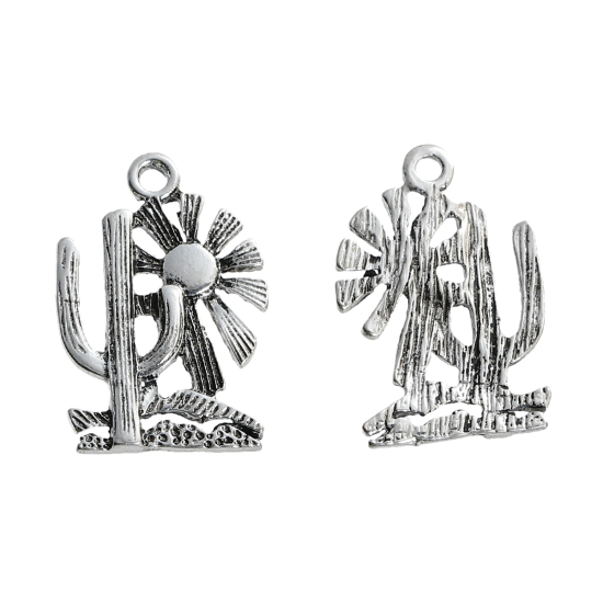 Picture of Zinc Based Alloy Charms Cactus Antique Silver Color Sun 24mm(1") x 16mm( 5/8"), 5 PCs