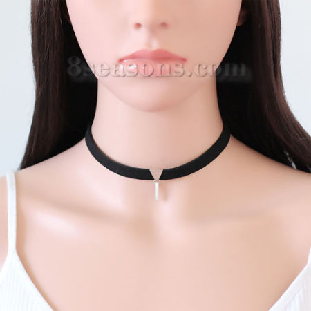Velvet Choker Necklace Silver Tone Black Triangle 34cm(13 3/8") long, 1 Piece