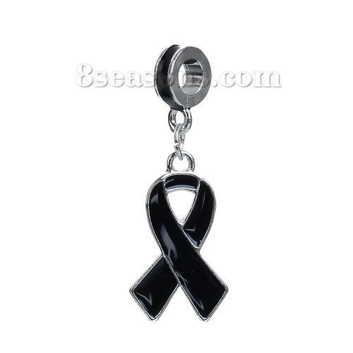 Picture of Zinc Based Alloy European Style Large Hole Charm Dangle Beads Ribbon Silver Tone Black Enamel 40mm x 15mm, 3 PCs