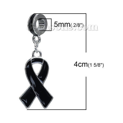 Picture of Zinc Based Alloy European Style Large Hole Charm Dangle Beads Ribbon Silver Tone Black Enamel 40mm x 15mm, 3 PCs