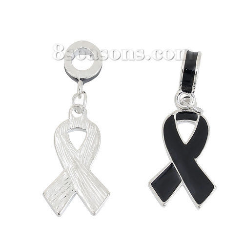 Picture of Zinc Based Alloy European Style Large Hole Charm Dangle Beads Ribbon Silver Tone Black Enamel 40mm x 15mm, 3 PCs