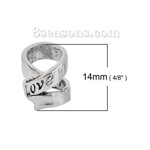 Picture of Zinc Based Alloy Spacer Beads Cylinder Antique Silver Color Message " LOVE " Carved Hollow 14mm x 13mm, Hole: Approx 9.7mm, 3 PCs