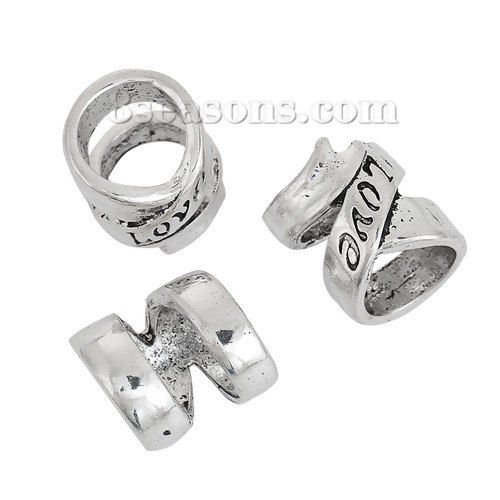 Picture of Zinc Based Alloy Spacer Beads Cylinder Antique Silver Color Message " LOVE " Carved Hollow 14mm x 13mm, Hole: Approx 9.7mm, 3 PCs