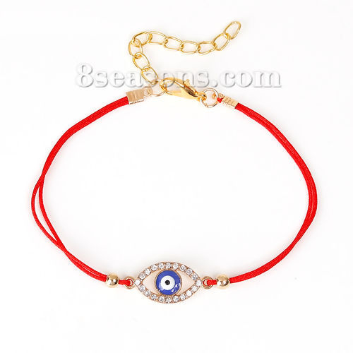 Picture of Polyester Kabbalah Red String Braided Friendship Bracelets Gold Plated Blue Evil Eye Clear Rhinestone 19cm(7 4/8") long, 1 Piece