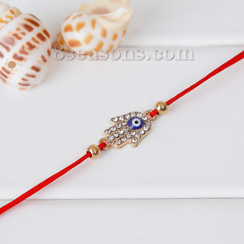 Image de Kabbale Bracelet d'Amitié Rouge en Polyester Doré Bleu Mauvais Œil à Strass Transparent 19cm long, 1 Pièce