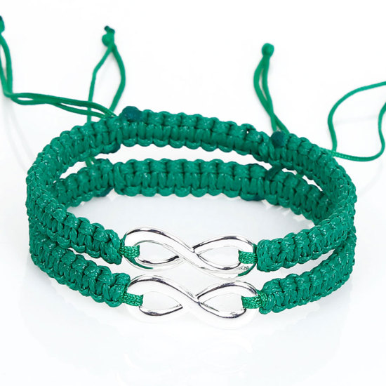 Picture of Polyester Waved String Braided Friendship Bracelets Silver Tone Green Infinity Symbol 29cm(11 3/8") long, 1 Pair