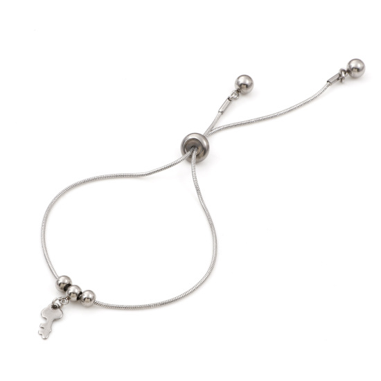 Picture of 304 Stainless Steel Adjustable Slider/ Slide Bolo Bracelets Silver Tone Round Key 24cm(9 4/8") long, 1 Piece