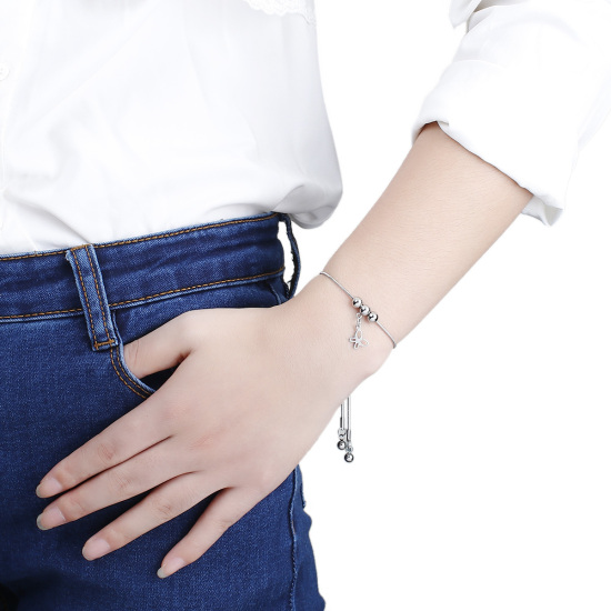Imagen de 304 Acero Inoxidable Ajustable Slider/ Slide Pulsera Tono de Plata Ronda Mariposa 24cm longitud, 1 Unidad