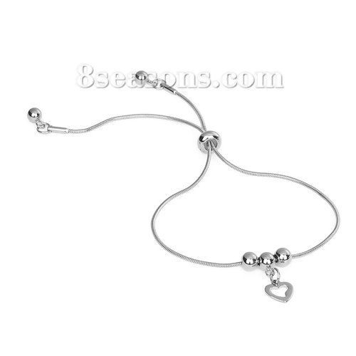 Picture of 304 Stainless Steel Adjustable Slider/ Slide Bolo Bracelets Silver Tone Round Heart 24cm(9 4/8") long, 1 Piece