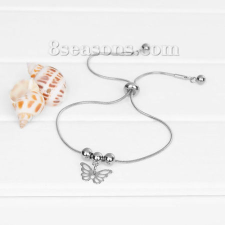 Image de Bracelet Bolo Réglable Nœud Glissé en 304 Acier Inoxydable Argent Mat Rond Papillons 24cm long, 1 Pièce