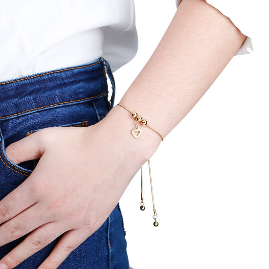 Picture of 304 Stainless Steel Adjustable Slider/ Slide Bolo Bracelets Gold Plated Round Heart 26cm(10 2/8") long, 1 Piece