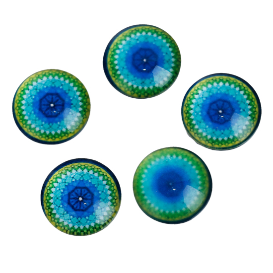 ガラス 仏教 曼荼羅 ドームシール カボション 円形 フラット 緑 透明 12mm直径、 20 個 の画像