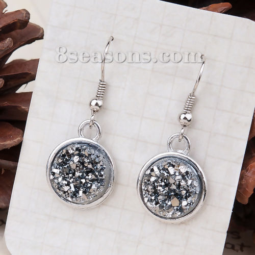 Picture of Resin Druzy/ Drusy Earrings Silver Tone Silver Round 34mm(1 3/8") x 15mm( 5/8"), Post/ Wire Size: (21 gauge), 1 Pair