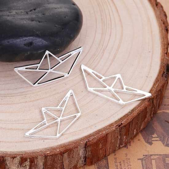 Picture of Zinc Based Alloy Origami Pendants Boat Silver Plated Hollow 31mm(1 2/8") x 14mm( 4/8"), 5 PCs