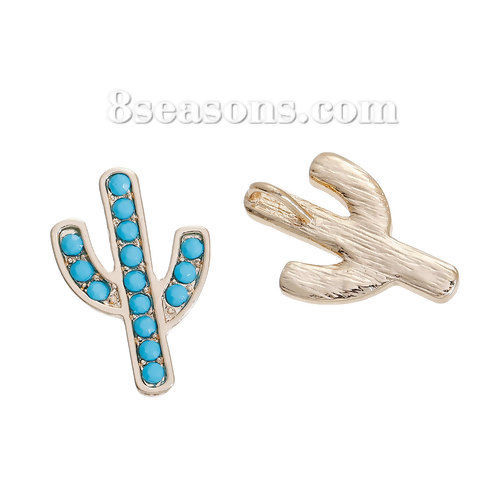 Picture of Zinc Based Alloy Charms Cactus Gold Plated Blue Rhinestone 27mm(1 1/8") x 18mm( 6/8"), 3 PCs