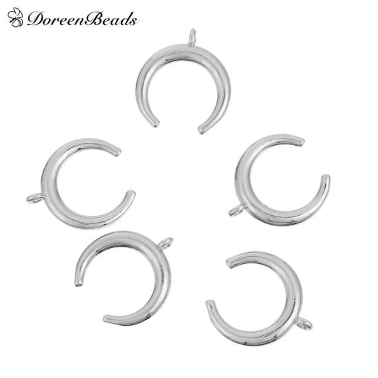 Picture of Brass Boho Chic Charms Double Horn Silver Tone Moon 17mm( 5/8") x 15mm( 5/8"), 2 PCs                                                                                                                                                                          