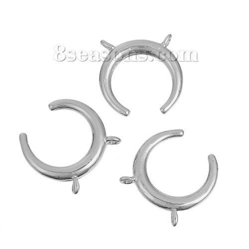 Picture of Brass Boho Chic Connectors Findings Double Horn Silver Tone Moon 15mm( 5/8") x 15mm( 5/8"), 2 PCs                                                                                                                                                             