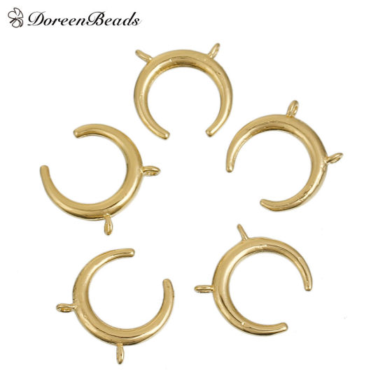 Picture of Brass Boho Chic Connectors Findings Double Horn Gold Plated Moon 15mm( 5/8") x 15mm( 5/8"), 2 PCs                                                                                                                                                             