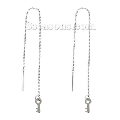 Bild von 304 Edelstahl Stilvoll Einfädler Ohrring Silberfarbe Schlüssel 10cm, Drahtstärke: (21 gauge), 1 Paar