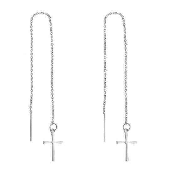 Bild von 304 Edelstahl Stilvoll Einfädler Ohrring Silberfarbe Kreuz 10cm, Drahtstärke: (21 gauge), 1 Paar