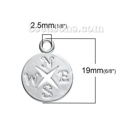 Picture of Brass Charms Round Silver Tone Travel Compass Hollow 19mm( 6/8") x 15mm( 5/8"), 2 PCs                                                                                                                                                                         