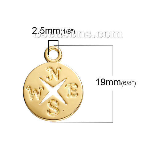 Picture of Brass Charms Round Gold Plated Travel Compass Hollow 19mm( 6/8") x 15mm( 5/8"), 2 PCs                                                                                                                                                                         