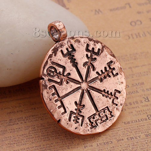 Picture of Brass Pendants Round Antique Copper Travel Compass 36mm(1 3/8") x 30mm(1 1/8"), 1 Piece                                                                                                                                                                       