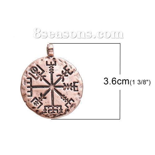 Picture of Brass Pendants Round Antique Copper Travel Compass 36mm(1 3/8") x 30mm(1 1/8"), 1 Piece                                                                                                                                                                       