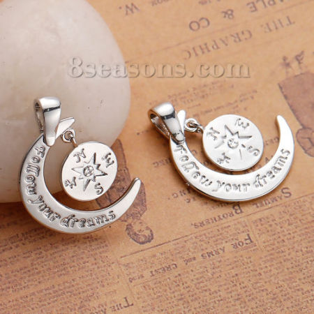 Picture of 1 Piece Brass Charm Pendant Silver Tone Compass Word Message Message " Follow Your Dreams " 28mm x 17mm