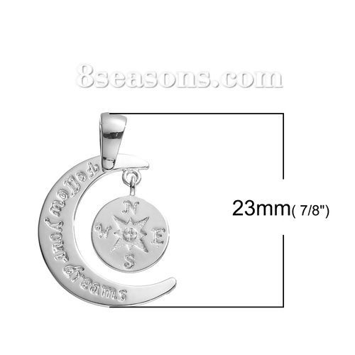 Picture of 1 Piece Brass Charm Pendant Silver Tone Compass Word Message Message " Follow Your Dreams " 28mm x 17mm