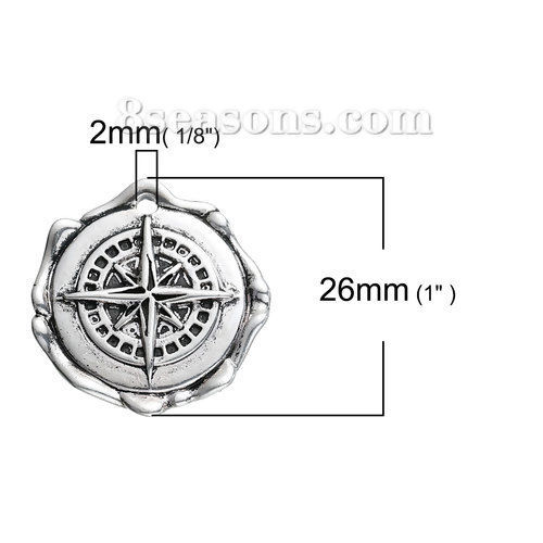 Picture of Brass Charms Irregular Antique Silver Color Travel Compass 26mm(1") x 25mm(1"), 2 PCs                                                                                                                                                                         