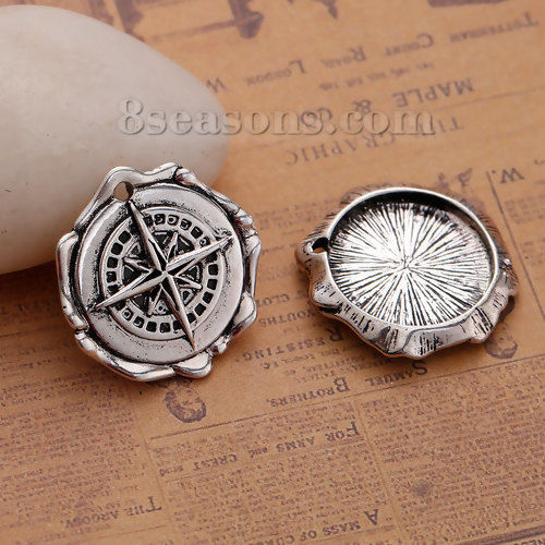 Picture of Brass Charms Irregular Antique Silver Color Travel Compass 26mm(1") x 25mm(1"), 2 PCs                                                                                                                                                                         