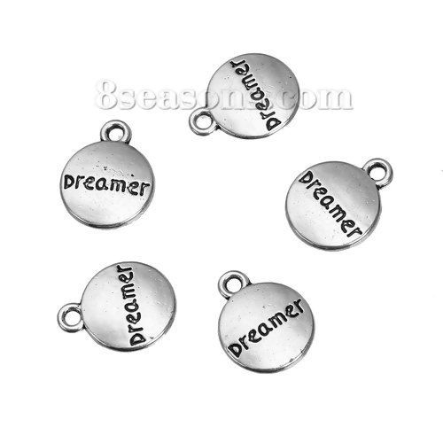 Bild von Zinklegierung Charms Rund Antiksilber Message " Dreamer " 14mm x 11mm, 50 Stück