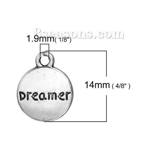 Bild von Zinklegierung Charms Rund Antiksilber Message " Dreamer " 14mm x 11mm, 50 Stück