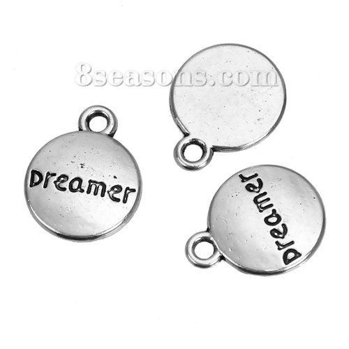 Bild von Zinklegierung Charms Rund Antiksilber Message " Dreamer " 14mm x 11mm, 50 Stück