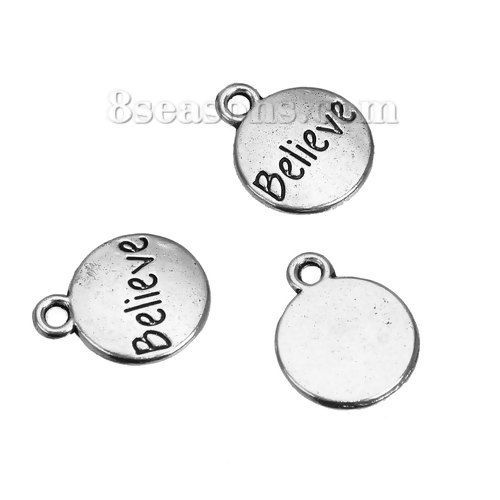 Immagine di Lega di Zinco Charms Tondo Argento Antico Lettere " Believe " 14mm x 11mm , 50 Pz