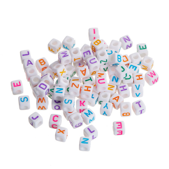 Picture of Acrylic Spacer Beads Cube At Random Mixed Alphabet /Letter Pattern About 8mm x 8mm, Hole: Approx 4mm, 100 PCs