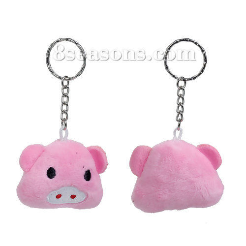 Picture of Plush Keychain & Keyring Round Silver Tone Pink Pattern Carved 10cm x 5.3cm, 1 Piece