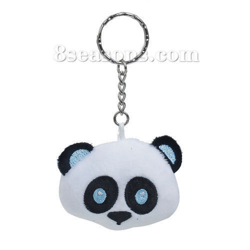 Picture of Plush Keychain & Keyring Panda Animal Silver Tone Black & White Pattern Carved 11cm x 5.9cm, 1 Piece