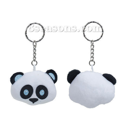 Picture of Plush Keychain & Keyring Panda Animal Silver Tone Black & White Pattern Carved 11cm x 5.9cm, 1 Piece